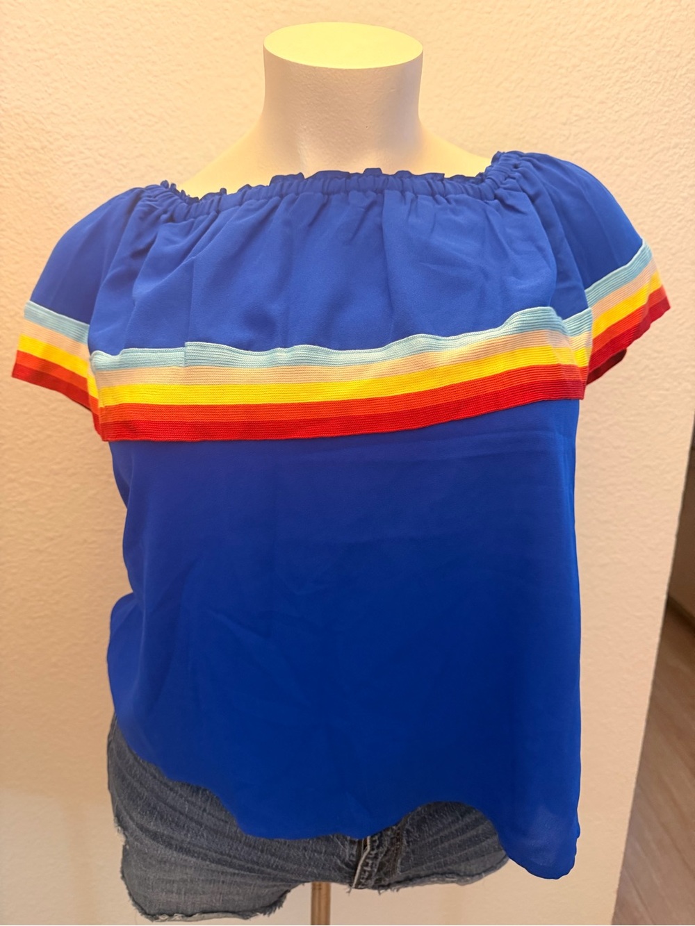 entro Royal Blue Off-Shoulder Top with Rainbow Stripe